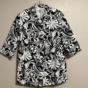 John Meyer Black & White Floral Blazer 3/4 Sleeves Chunky Buttons Sz 16W‎